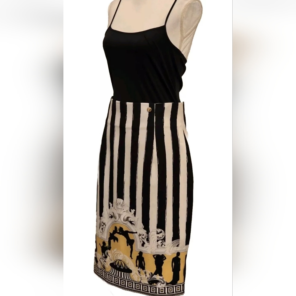 Versace Collection Baroque Greek Key Black Gold Stripe Fully Lined Midi Skirt - Picture 8 of 15